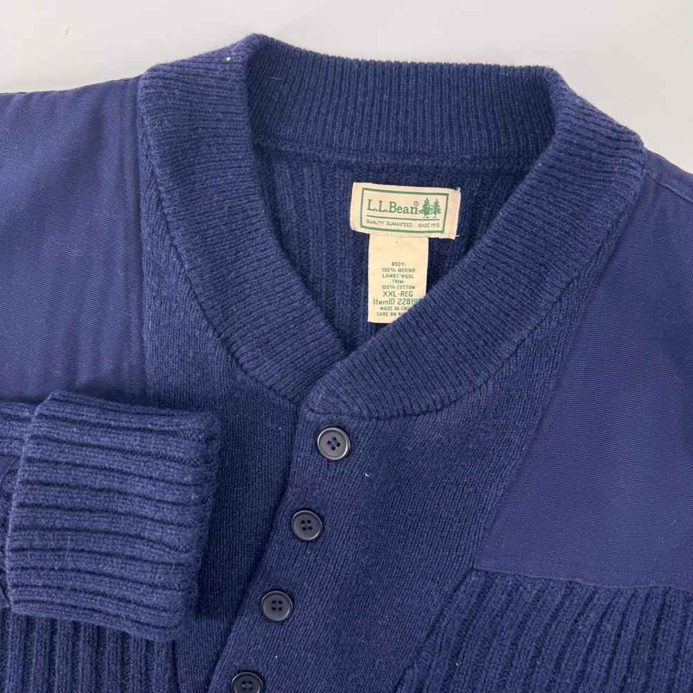 LL Bean Sweater Mens XXL Navy Blue Merino Wool Commando Ribbed Henley 228198